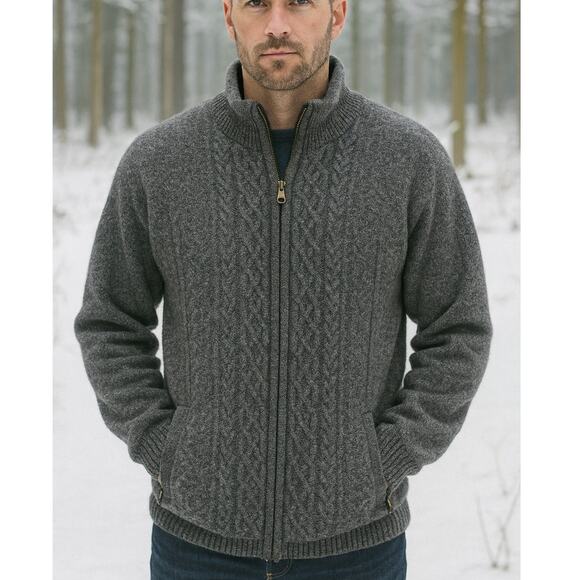 Aran Woolen Mills SZ L Farmleigh Lined Wool Men's Cardigan Grey Full Zip Pockets - Picture 1 of 6